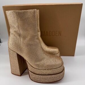 Steve Madden Cobra Gold Glitter Platform Boots Ankle Zip Chunky‎ Heel 8 Sabrina